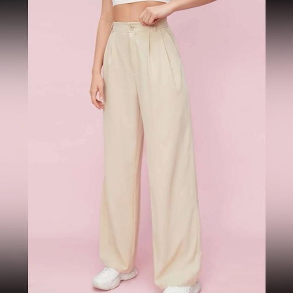 Pants - Cream Plicated straight leg trouser pants - button front pleated detail